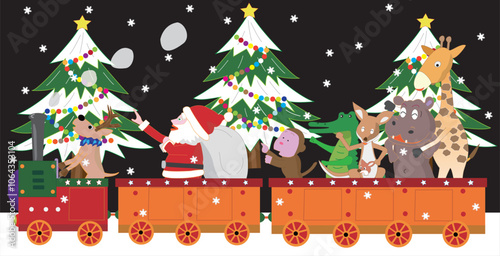 クリスマスの日にサンタクロースとトナカイが蒸気機関車でプレゼントを運んでいる。