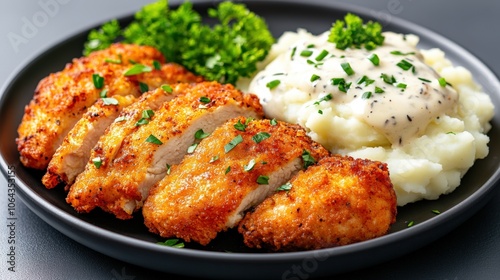 Crispy fried chicken served with creamy mashed potatoes and garnished with fresh parsley on a black plate