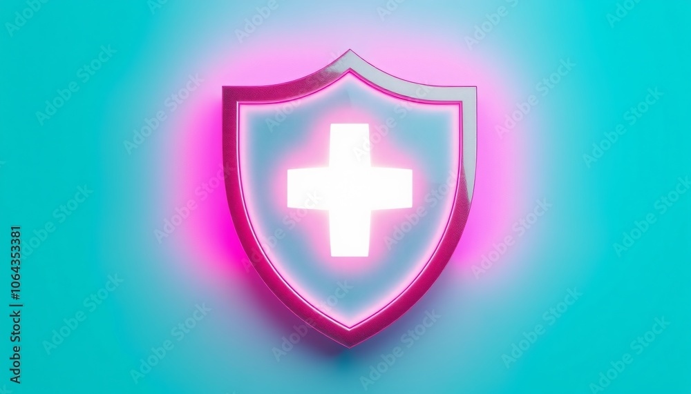 Obraz premium Turquoise and pink shield with a glowing cross, symbolizing medical protection, healthcare safety