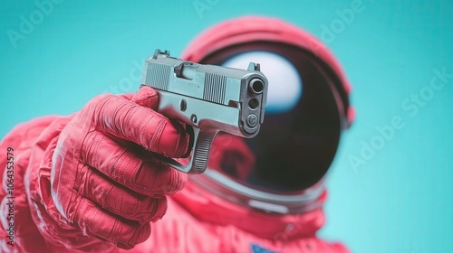 Astronaut Holding Gun  Space Exploration  Futuristic Concept  Sci Fi  Weapon   Safety  Sec photo