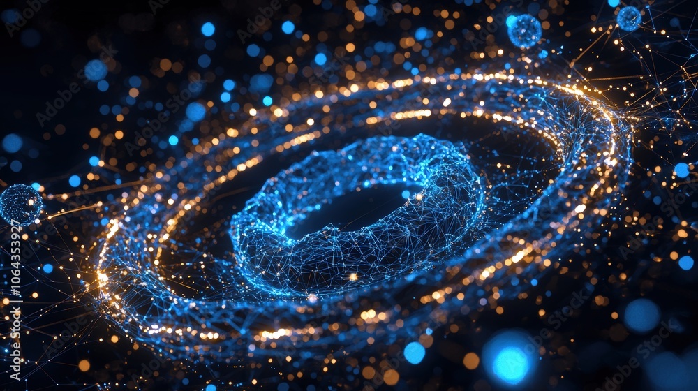 Exploring a digital representation of a spinning galaxy, showcasing luminous particles and intricate network structures in a cosmic setting Exploring a digital representation of a spinning galaxy, showcasing luminous particles and intricate network structures in a cosmic setting