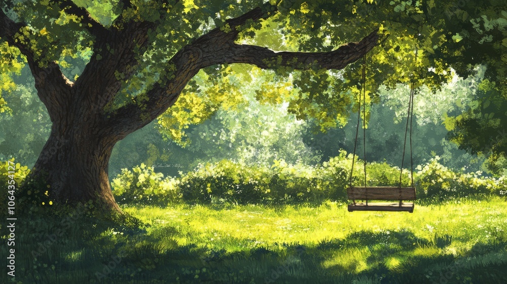 Naklejka premium 112.A picturesque scene featuring a large tree with vibrant green leaves providing cool shade to a simple wooden swing hanging from its branch. The grass beneath is bright and lush, with patches of