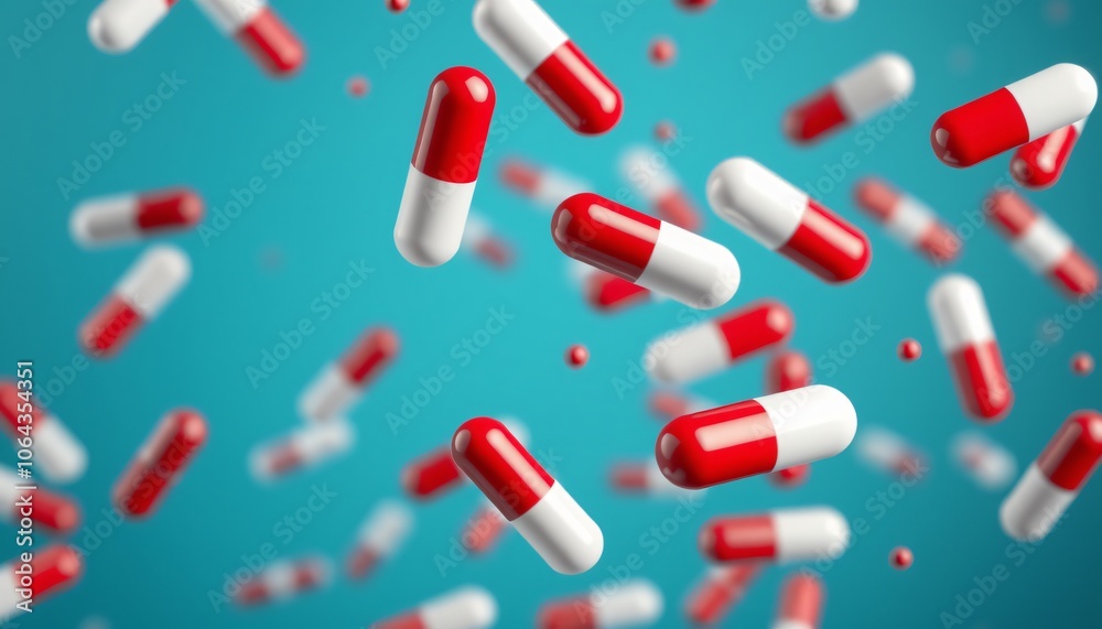 Red and white capsules flying in the air for medicine or healthcare advertisment designs, on blue background Red and white capsules flying in the air for medicine or healthcare advertisment designs, on blue background