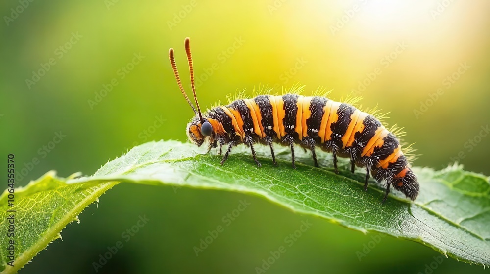 Macro of caterpillar feeding on leaf, sharp details, natural colors, wild habitat