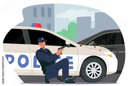 Police Officer Takes Cover Behind A Bullet-riddled Patrol Car, Aiming His Weapon At A Potential Threat, Cartoon Scene