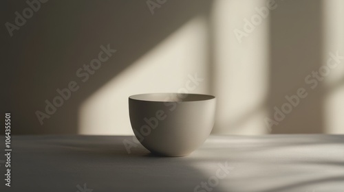 A simple white ceramic cup rests on a smooth surface, beautifully illuminated by soft light that creates a delicate shadow, highlighting the elegance of minimalist design.