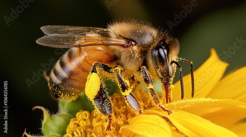 A close-up view of a bee collecting pollen from a vibrant yellow flower during a sunny day in a blooming garden