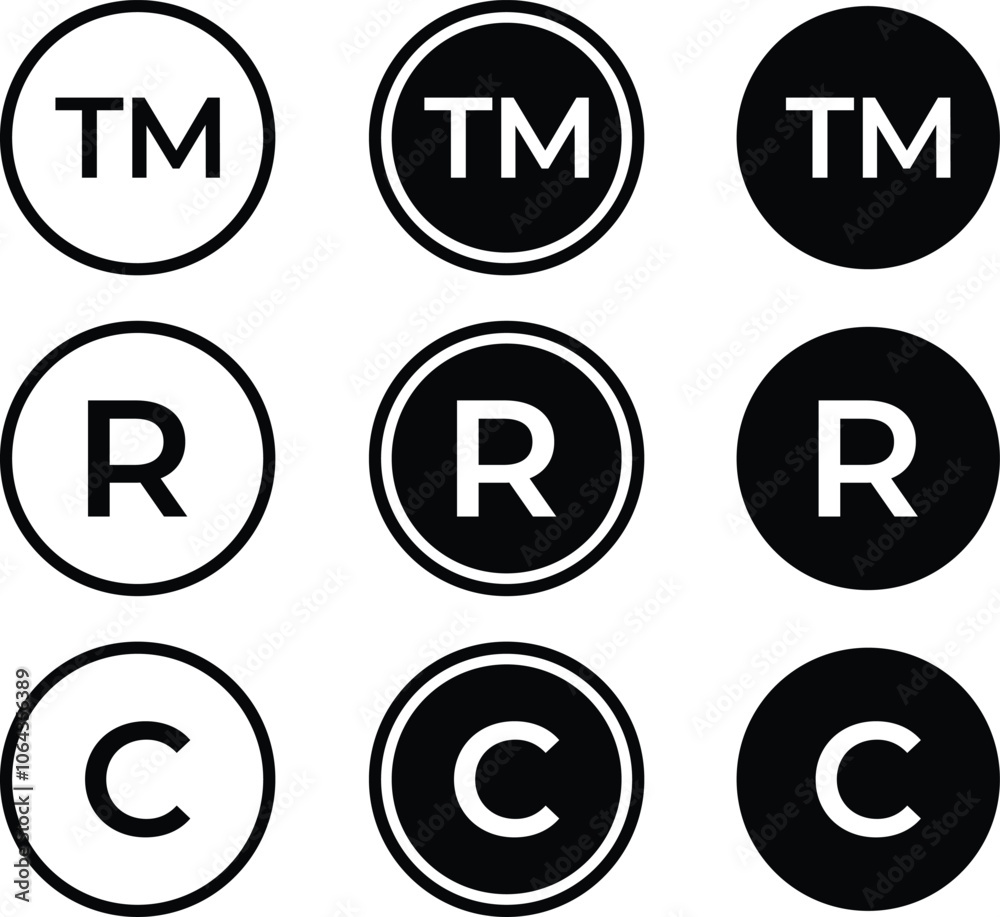 Set of registered trademark copyright icon isolated on transparent background. tm symbol icon. r icon symbol. C symbol icon. Vector illustration Set of registered trademark copyright icon isolated on transparent background. tm symbol icon. r icon symbol. C symbol icon. Vector illustration