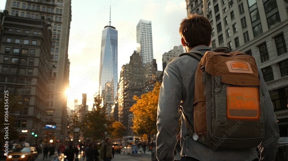 Man with Backpack Walking Through Urban Cityscape at Sunset
