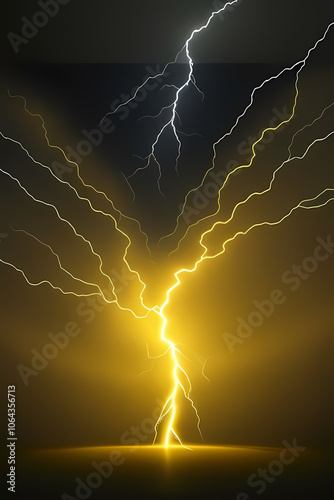 lightning bolt. Lightning flash bolt or thunderbolt. Yellow lightning or magic power blast storm. Thunder and lightning isolated on yellow background