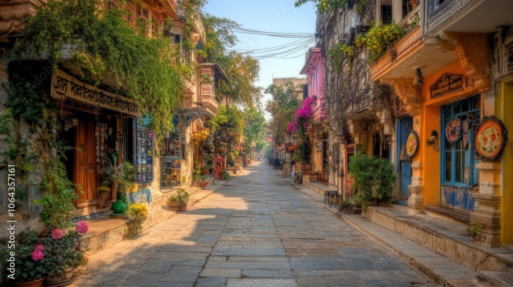 Fototapeta premium Colorful Street Scene with Cobblestone Road and Traditional Shops in Asia
