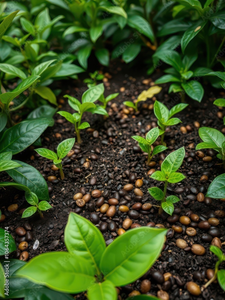 Coffee bean seedlings growing in nature, surrounded by lush green foliage, symbolizing growth and sustainability, background Coffee bean seedlings growing in nature, surrounded by lush green foliage, symbolizing growth and sustainability, background