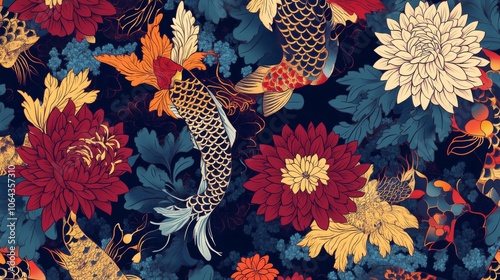 52.A traditional Japanese pattern banner with intricate geometric shapes interwoven with natural elements like chrysanthemums and koi fish. The deep reds, blues, and golds evoke a sense of richness,