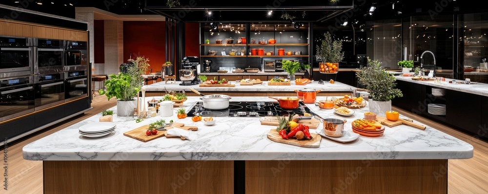 A modern kitchen featuring a large marble island adorned with fresh fruits, herbs, and elegant cookware against a sleek black backdrop. A modern kitchen featuring a large marble island adorned with fresh fruits, herbs, and elegant cookware against a sleek black backdrop.