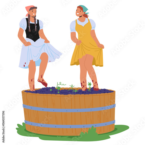 Two Women Stomp Grapes In A Large Wooden Barrel, Participating In Traditional Winemaking. Girls Smiling