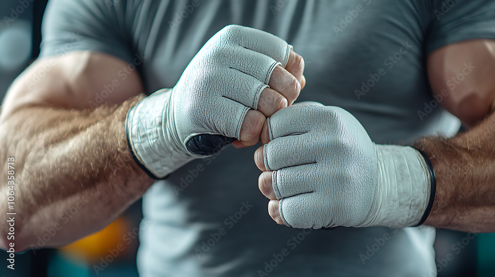 Athletes focus on technique while wrapping boxing gloves for training Athletes focus on technique while wrapping boxing gloves for training