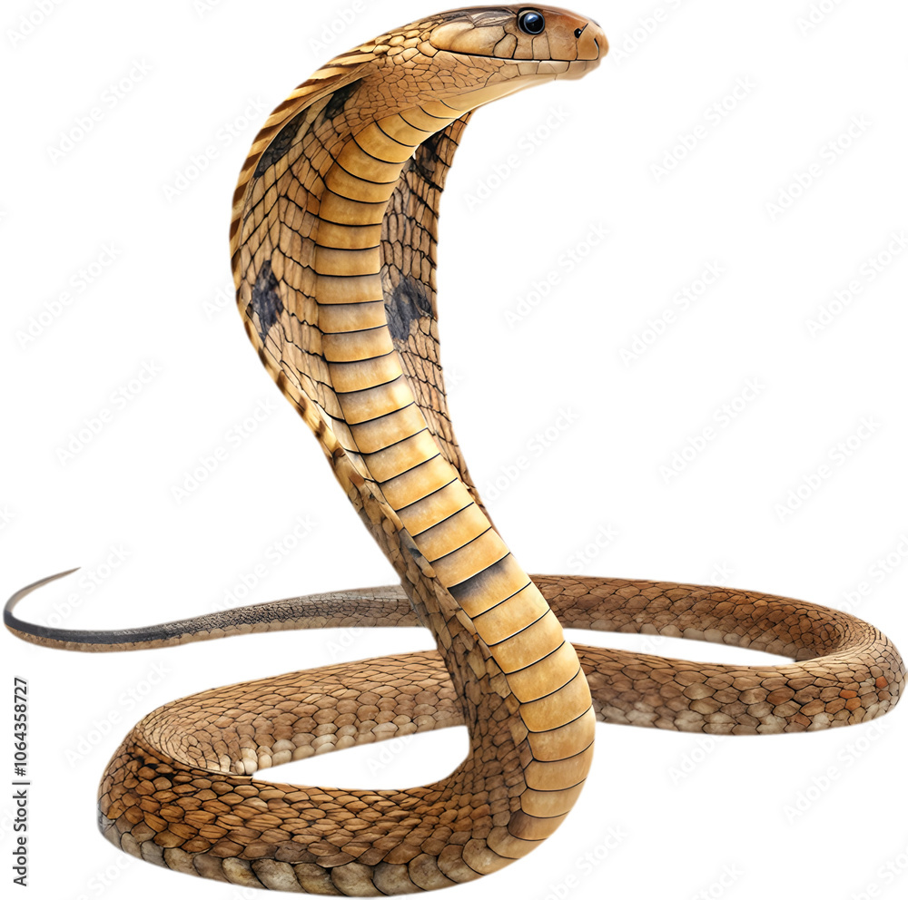 Naklejka premium Realistic King Cobra clipart highlighting fierce stance, spread hood, and scales.