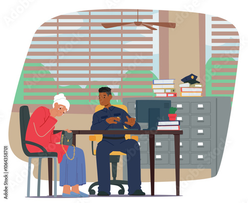 Police Officer Listens To Elderly Woman Filing A Report At The Station. She Appears Upset, Possibly Discussing A Theft