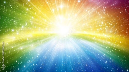 Abstract Rainbow Light Rays Background with Stars and Glowing Effect