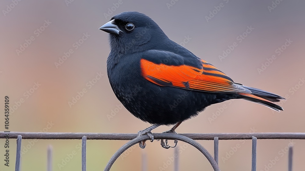 Obraz premium A striking black and orange bird perched on a fence during a calm afternoon in a natural environment