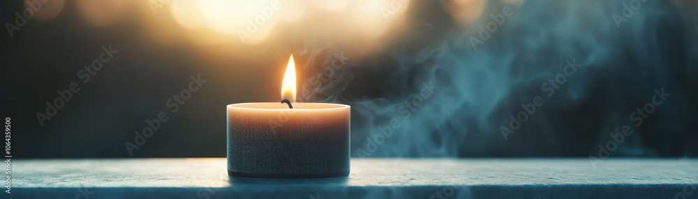 A serene candle glowing softly, creating a calming ambiance with gentle smoke rising in the background. A serene candle glowing softly, creating a calming ambiance with gentle smoke rising in the background.