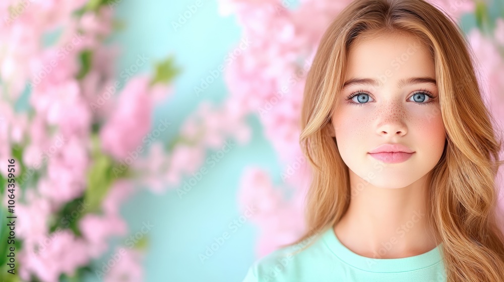 Young girl with striking blue eyes posed against a backdrop of pink blossoms in a brightly lit setting during springtime Young girl with striking blue eyes posed against a backdrop of pink blossoms in a brightly lit setting during springtime