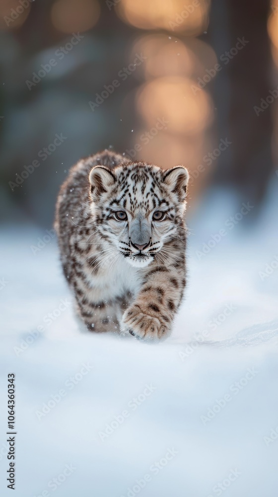 Naklejka premium A snow leopard cub walking gracefully through a snowy landscape, capturing the essence of wilderness and beauty.