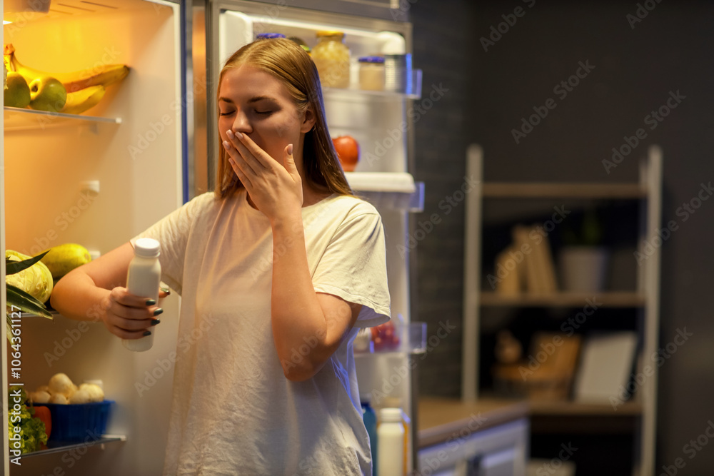 Sleepy young woman with yoghurt near open fridge in kitchen at night Sleepy young woman with yoghurt near open fridge in kitchen at night