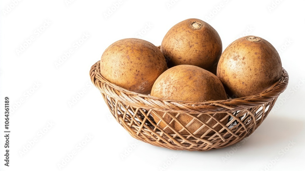 Brown Fruits in a Woven Basket on White Background