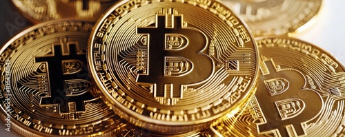 A close-up view of shiny Bitcoin coins, symbolizing cryptocurrency, investment, and digital finance in the modern economy.