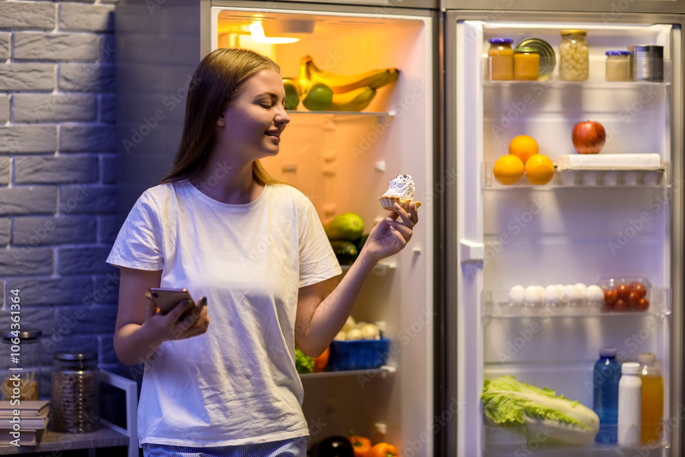Young woman with mobile phone and cake near open fridge in kitchen at night Young woman with mobile phone and cake near open fridge in kitchen at night