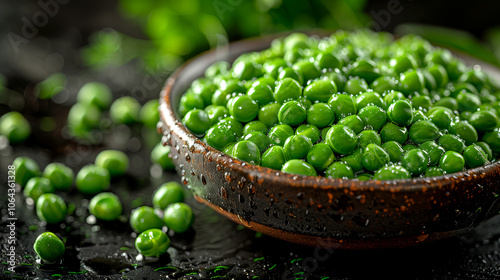 A bowl of green peas is on a dark table