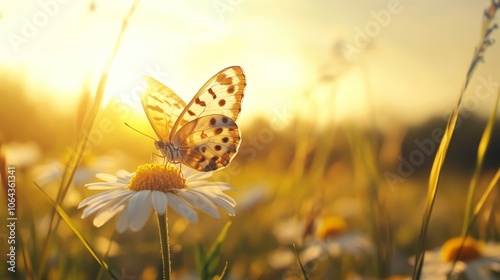 Close-up macro shot of a beautiful butterfly resting on a daisy flower in nature, surrounded by warm yellow tones and a breathtaking sunset backdrop, ideal for panoramic nature banner designs and outd photo