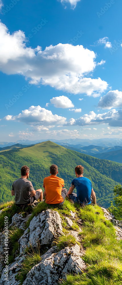Fototapeta premium Hikers resting at summit enjoy scenic view of nature's beauty