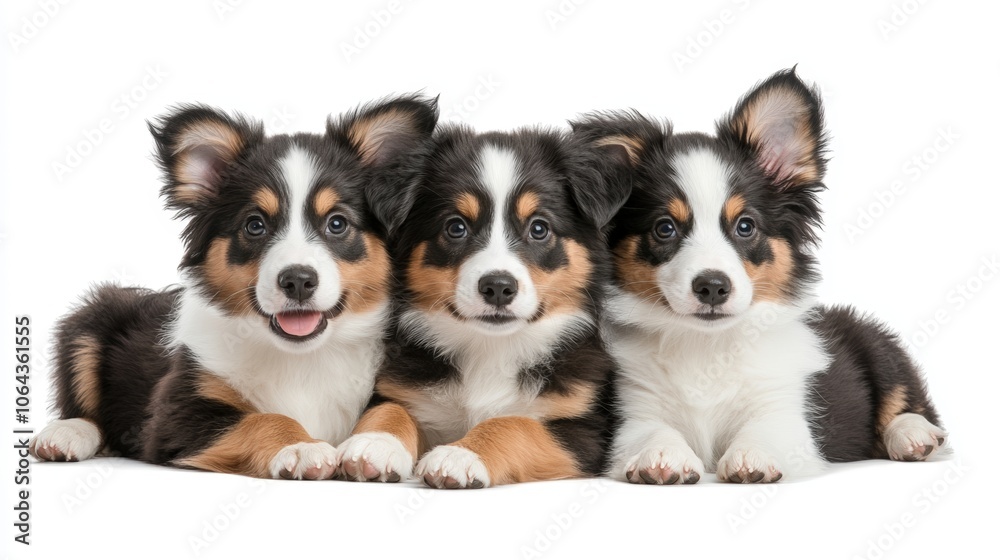 Three adorable Australian Shepherd puppies lying together on a white background looking playful and curious Three adorable Australian Shepherd puppies lying together on a white background looking playful and curious