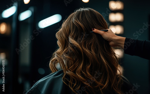 A close-up view of a hairstylist delicately working on wavy hair, showcasing the artistry of hair design and the elegance of salon ambience. photo