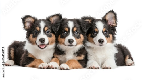 Three adorable Australian Shepherd puppies lying together on a white background looking playful and curious