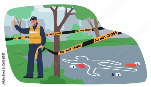 Police Officer Secures Crime Scene With Do Not Cross Tape, Blocking Access To Outlined Body And Evidence Markers