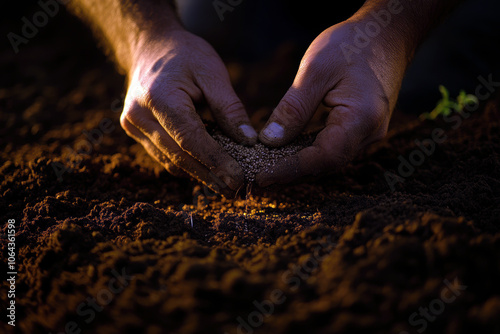 A close-up of hands skillfully planting seeds into rich, dark soil, symbolizing the beginning of new life and the nurturing process of agriculture under the warm glow of sunlight. photo