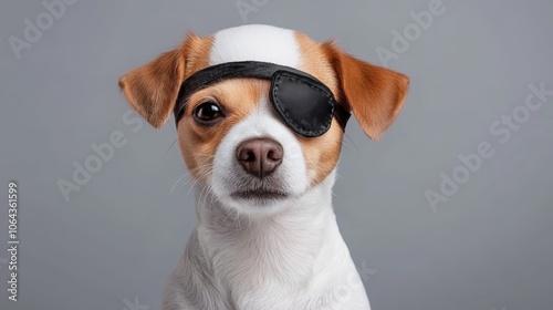 Adorable Chihuahua wearing an eye patch, looking confidently at the camera against a gray background in a studio setting