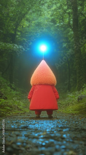 Mystical Forest  Red Clad Figure Casting Magic Spell with Glowing Wand photo