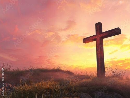 Wooden Cross Silhouette Against Dramatic Sunset Landscape