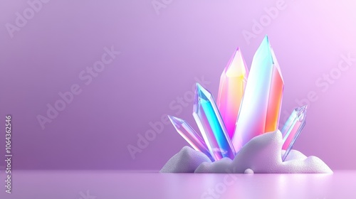 Colorful crystalline formations emerging from a glossy surface in a pastel background setting with soft lighting