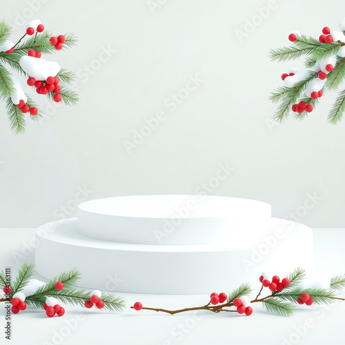 christmas pedestal product stand mockup with fir branch for winter sale promotion