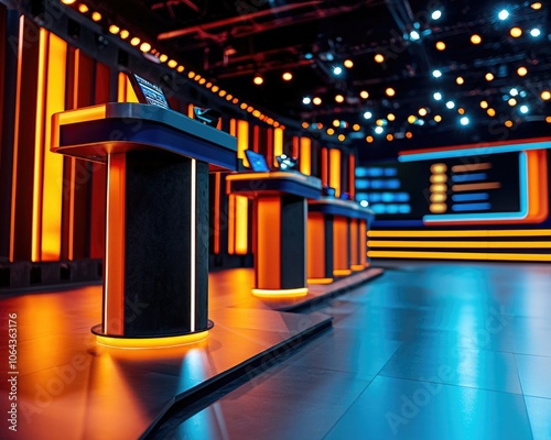 Wallpaper Mural A modern game show set featuring illuminated podiums and vibrant lighting, creating an engaging atmosphere for contestants. Torontodigital.ca