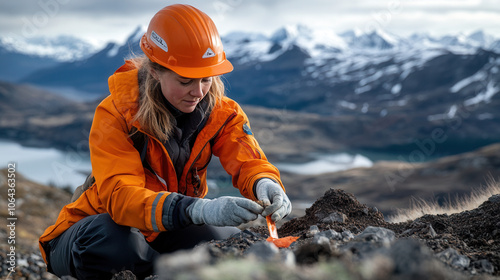 determined woman in orange jacket and hard hat is analyzing geological samples in mountainous landscape. snowy peaks and lake create stunning backdrop