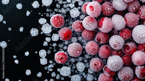 Macro shot of frostcovered wild berries, intricate icy coating, deep red, early winter photo