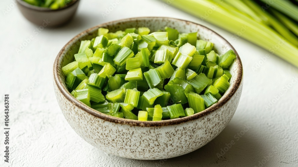 Fresh Chopped Celery in Rustic Ceramic Bowl Fresh Chopped Celery in Rustic Ceramic Bowl