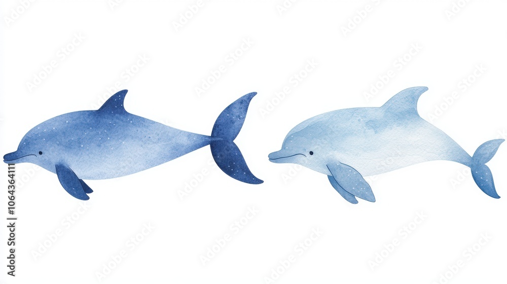 Obraz premium Two playful dolphins illustrated in soft blue watercolor, showcasing their gracefulness and charm in a serene aquatic setting