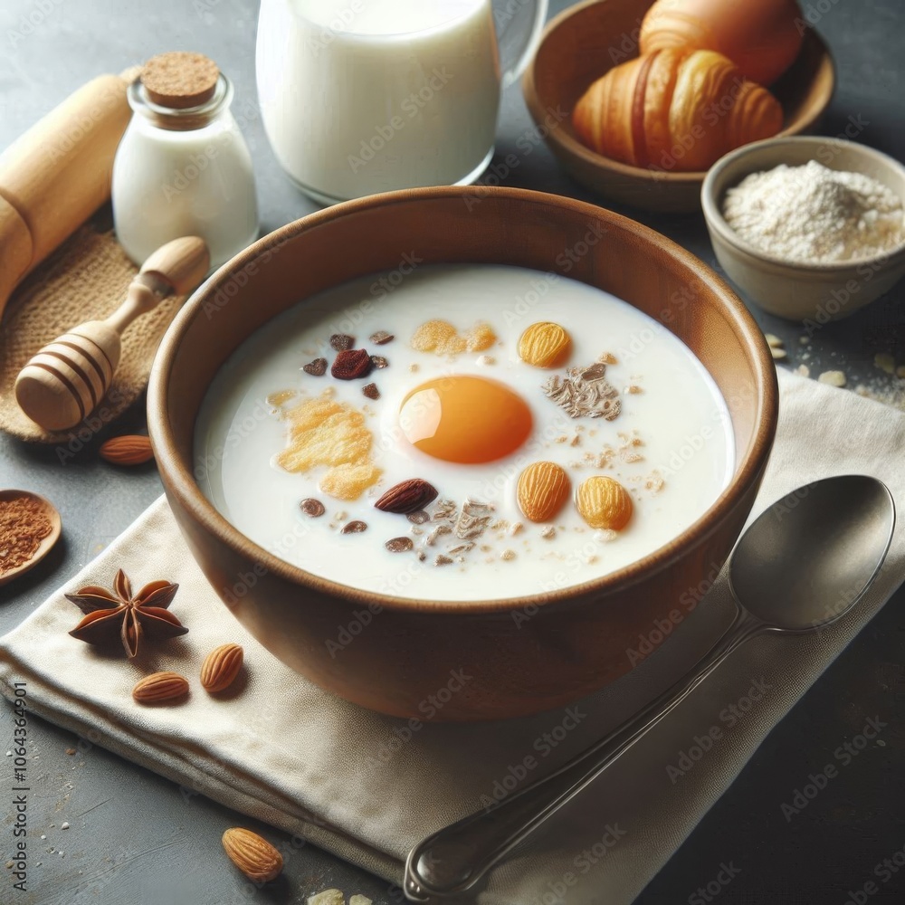 Milk-filled breakfast bowl with ample copy space, ideal for food marketing visuals Milk-filled breakfast bowl with ample copy space, ideal for food marketing visuals
